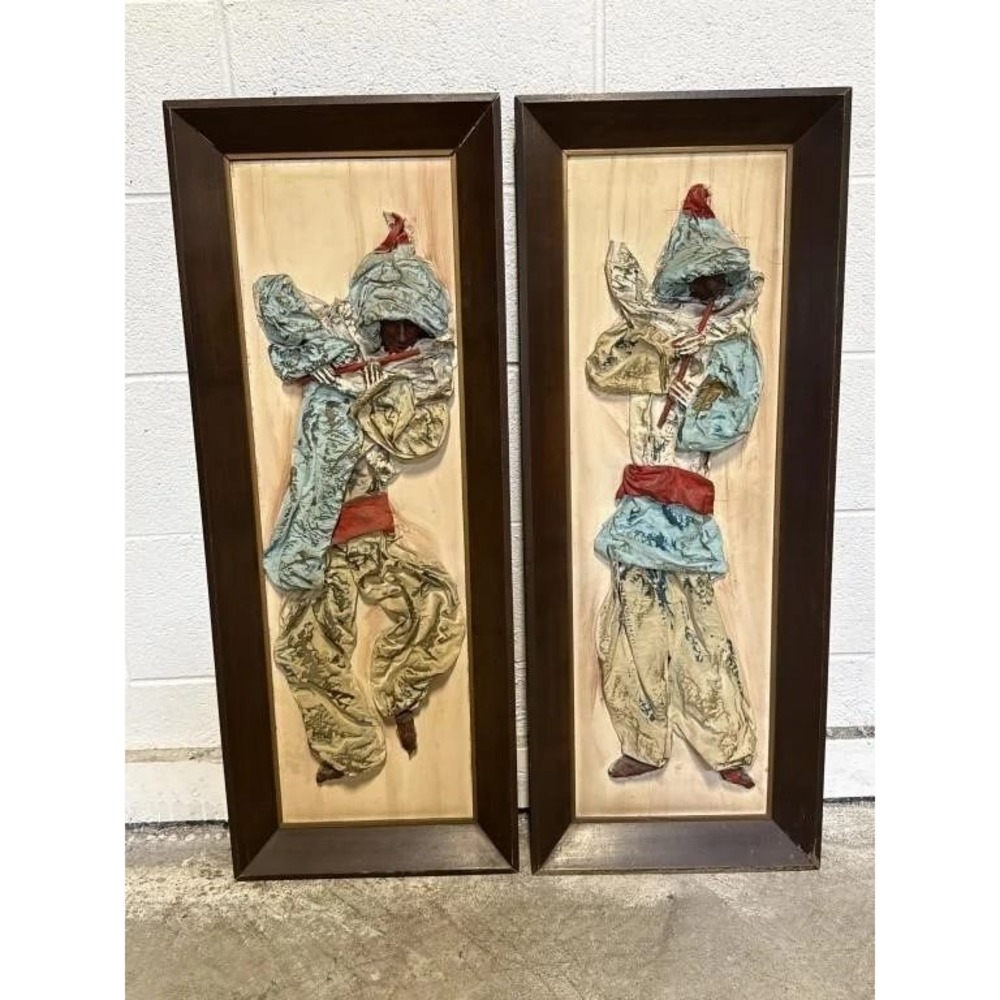 Vintage Mid Century Modern 3D Mixed Media Fabric Mache Wall Art Pair Musicians